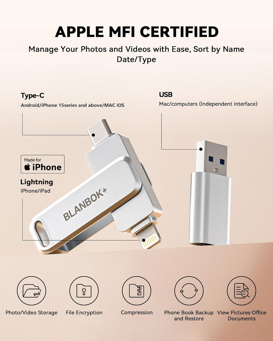 BLANBOK+ Memoria flash USB certificada MFi de 512GB para iPhone, un...