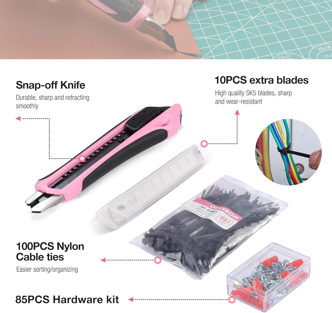 WORKPRO Juego de herramientas rosa, kit de herramientas de 258 piez...