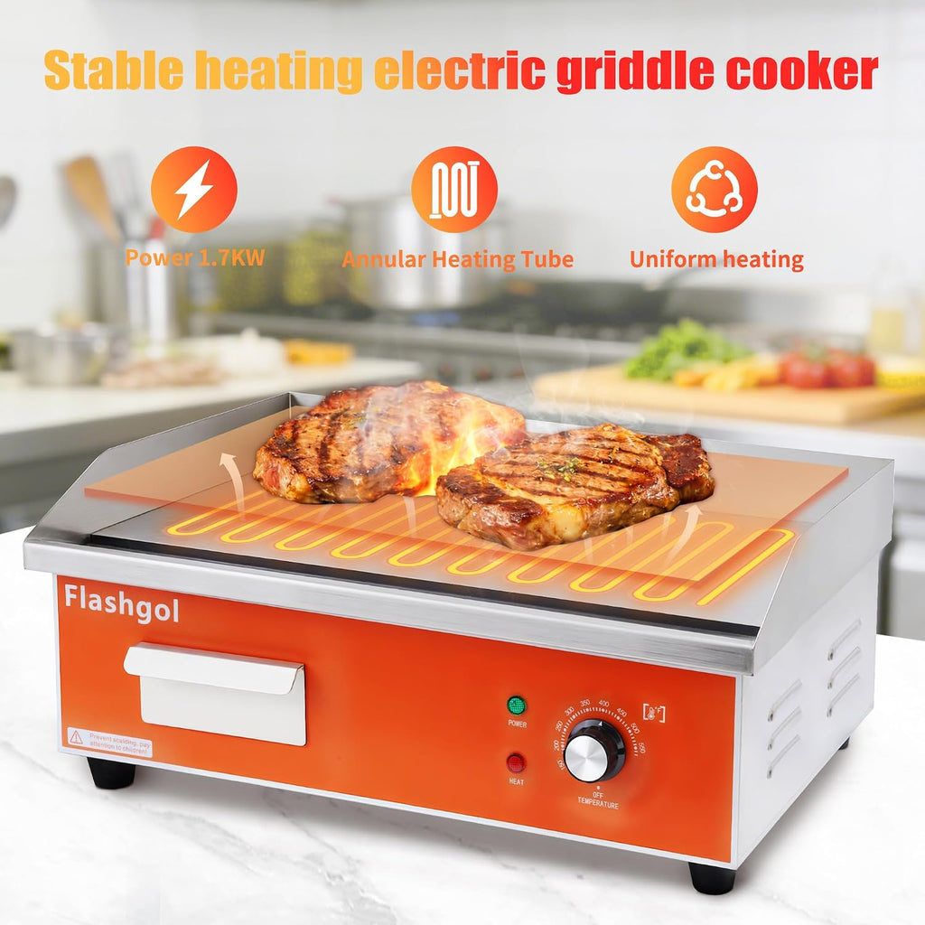 Plancha eléctrica de acero inoxidable de 21.6 pulgadas, 110 V, 1500 W, control de temperatura ajustable, sin humo, parrilla antiadherente para restaurante, interior, cocina, exterior, campamento