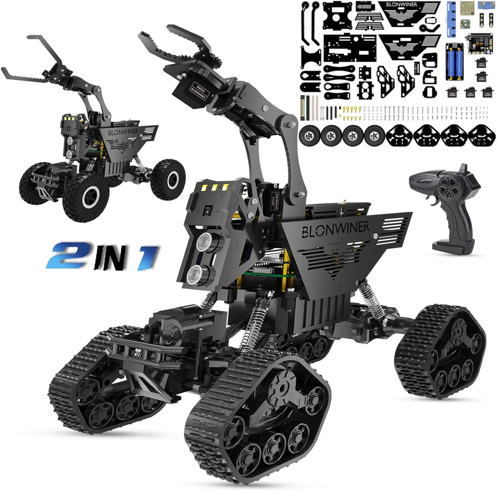 Kit de carro robot BLONWINER, juguete de construcción de brazo robótico inteligente 2 en 1 para codificación Python en Raspberry Pi, kits de tanque de programación STEM con cámara (sin placa RPi)