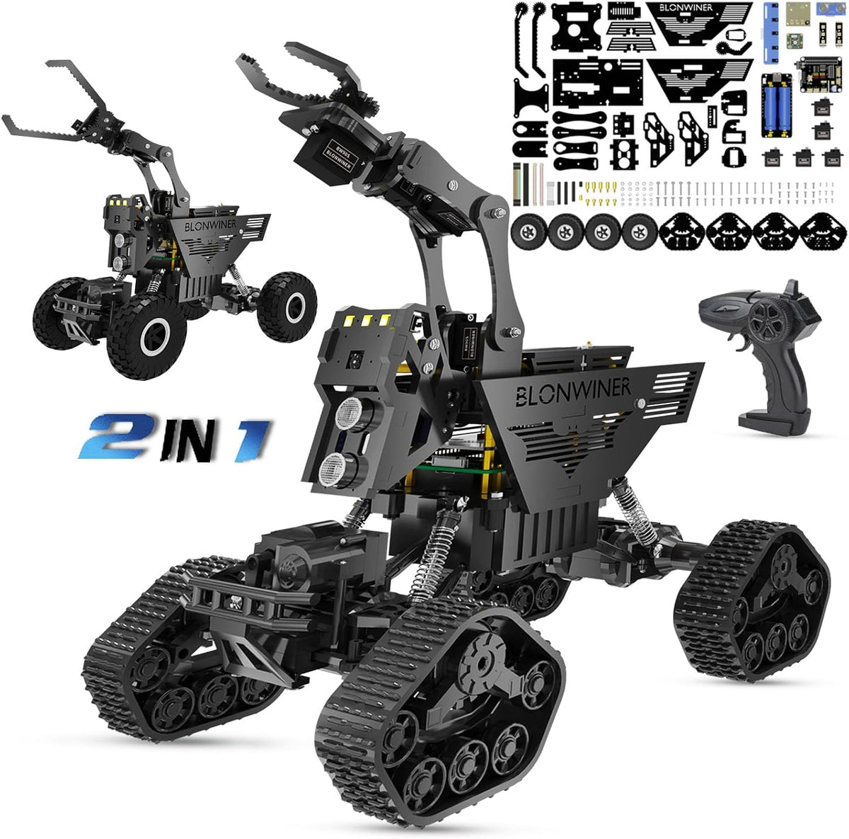 Kit de carro robot BLONWINER, juguete de construcción de brazo robótico inteligente 2 en 1 para codificación Python en Raspberry Pi, kits de tanque de programación STEM con cámara (sin placa RPi)