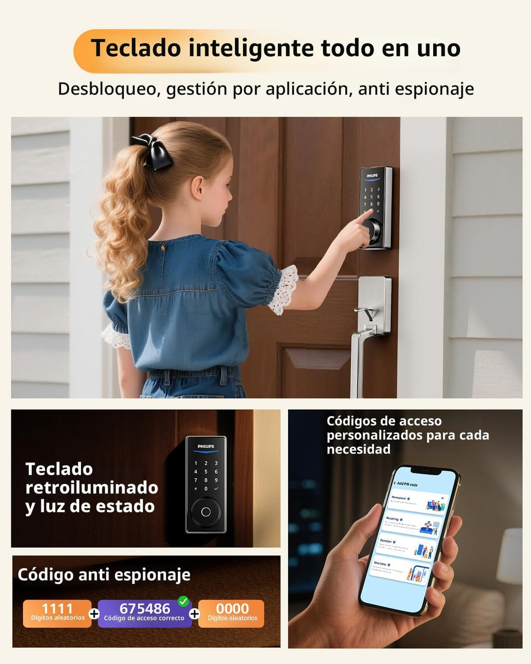 Philips Cerradura inteligente WiFi con juego de manijas de puerta d...