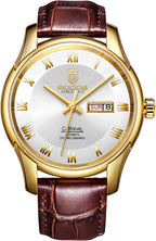 ROCOSJEWE Reloj de vestir masculino automático de cuerda automática - Caja de acero inoxidable dorado, números romanos, correa de cuero marrón, indicación de día y fecha, tapa esqueletada, reloj de pulsera de lujo para negocios, uso casual y diario