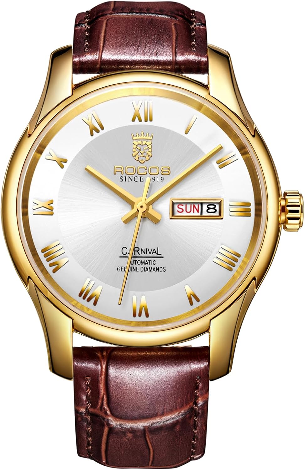 ROCOSJEWE Reloj de vestir masculino automático de cuerda automática - Caja de acero inoxidable dorado, números romanos, correa de cuero marrón, indicación de día y fecha, tapa esqueletada, reloj de pulsera de lujo para negocios, uso casual y diario
