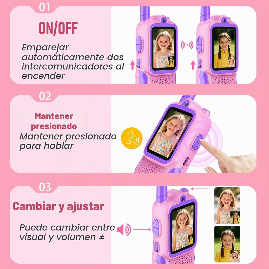 Startcan Walkie Talkies de video para niños, paquete de 2 juguetes recargables de videollamada, juguetes para interiores y exteriores, regalos de cumpleaños de Navidad para niñas de 3 a 8 años en