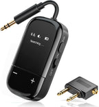 Transmisor de audio Bluetooth 5.3 para avión con Qualcomm aptX adaptativo, pantalla LCD, soporte de dispositivo doble, batería de 30 horas, AUX de 0.138 in para viajes, vuelo, gimnasio