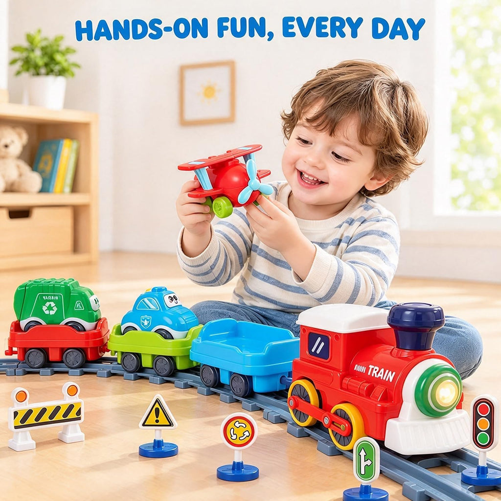 Juego de tren eléctrico para niños pequeños con vapor, luces y música