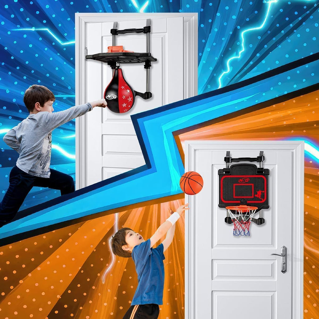 Combo de baloncesto y boxeo para colocar sobre la puerta, juego 2 en 1 con aro ajustable y bolsa de velocidad, marcador y efectos de sonido, divertido juguete deportivo de interior para niños y adultos