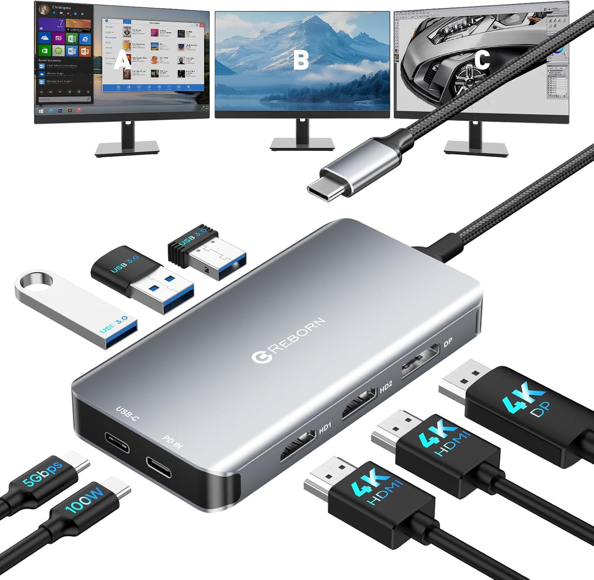 Reborn Estación de acoplamiento USB-C Adaptador de monitor dual, estación de acoplamiento para laptop 3 monitores triple pantalla USBC Hub Dongle a 4K60Hz HDMI+DP, 3 USB 3.0, 100W PD, datos USB C, base 8 en 1 para Dell, HP, Lenovo, Surface