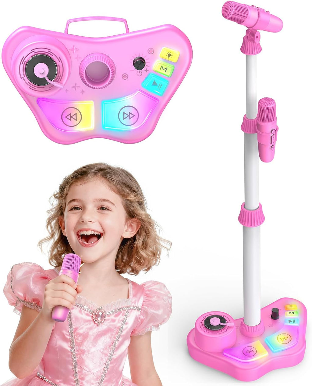 Máquina de karaoke recargable para niños con soporte ajustable, 3-5, 4, 6, 7, 8 años, micrófono inalámbrico, altavoz Bluetooth con 2 micrófonos, regalo de cumpleaños para niñas de 3 a 8 años