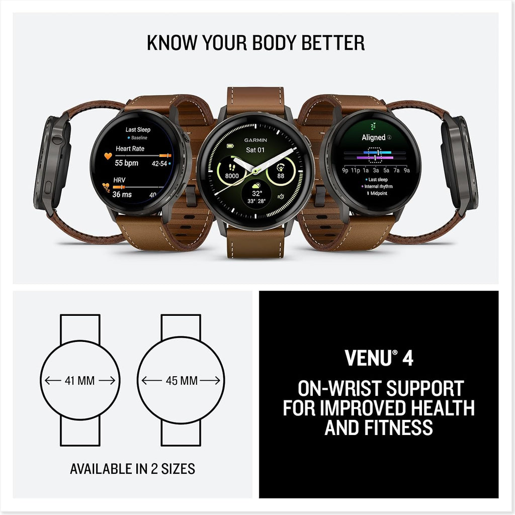 Garmin Venu® 4, Smartwatch avanzado para fitness, 45 mm, correa de cuero marrón