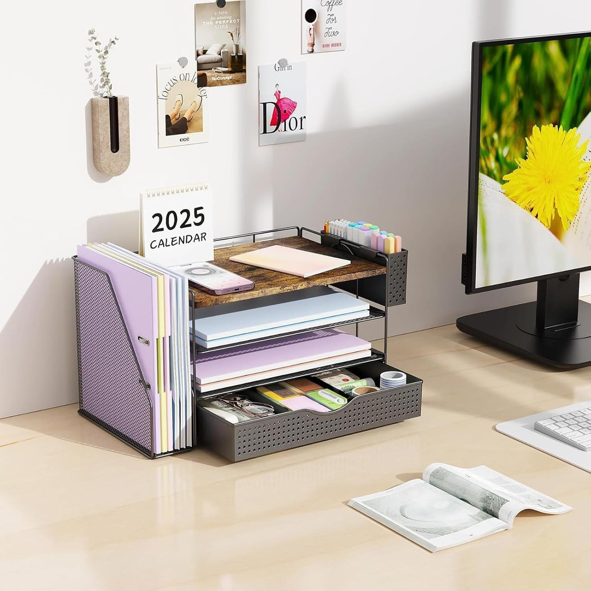 gianotter Organizadores de escritorio de madera y accesorios con soporte para archivos, accesorios de escritorio de 4 niveles y organizadores de espacio de trabajo con cajón y soporte para bolígrafos