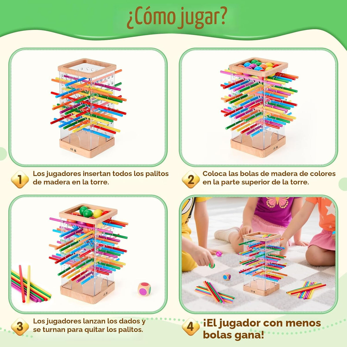 Juegos de mesa de madera Montessori, juego de dados con 48 palos coloridos y 12 bolas, juego familiar para niños y adultos, juguetes educativos de matemáticas para niños de 3, 4, 5 y 6 años, juguete