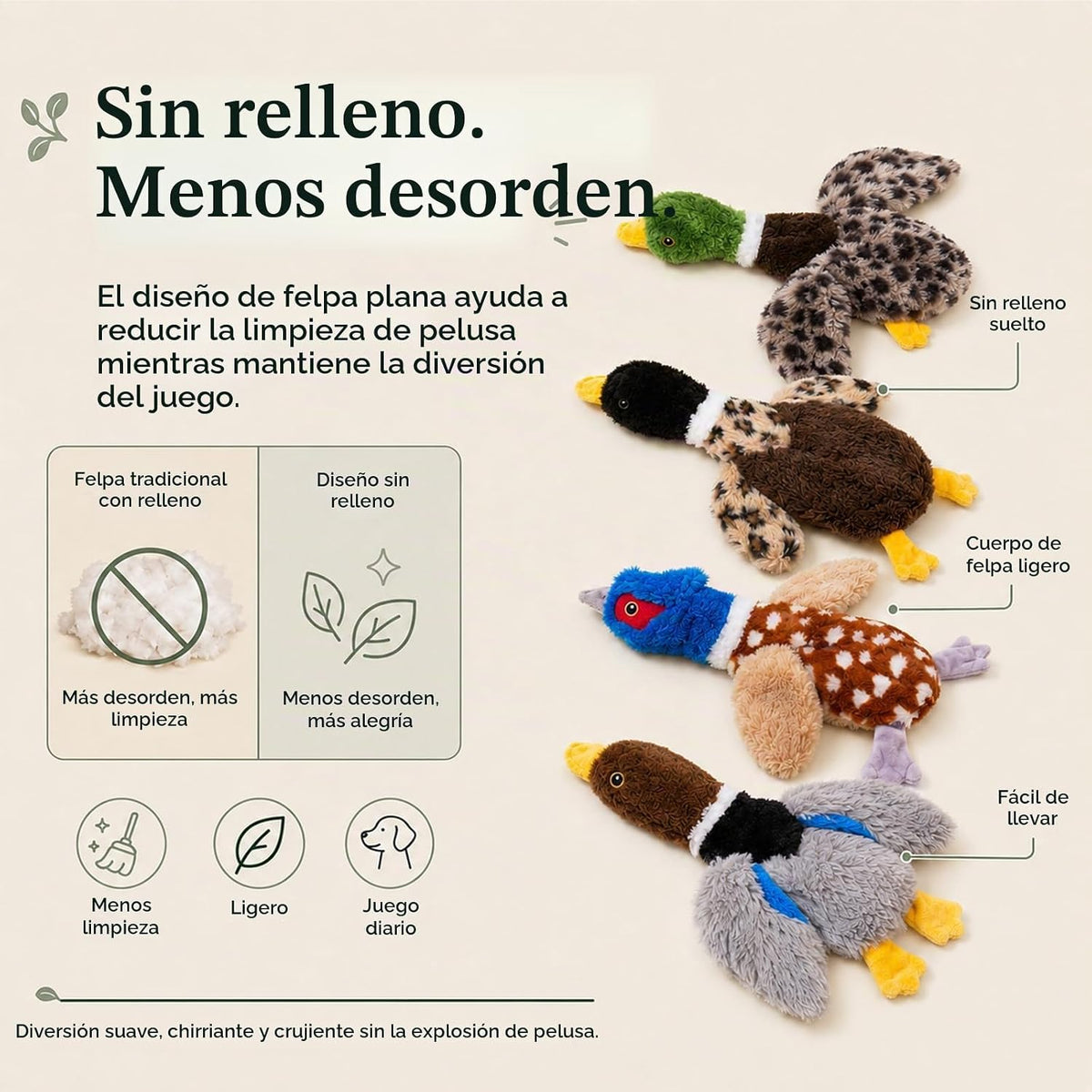 Juguetes de pato para perros sin relleno, paquete de 4 juguetes de peluche chirriantes para perros, juguetes para cachorros sin relleno para perros pequeños y medianos, juguetes suaves para