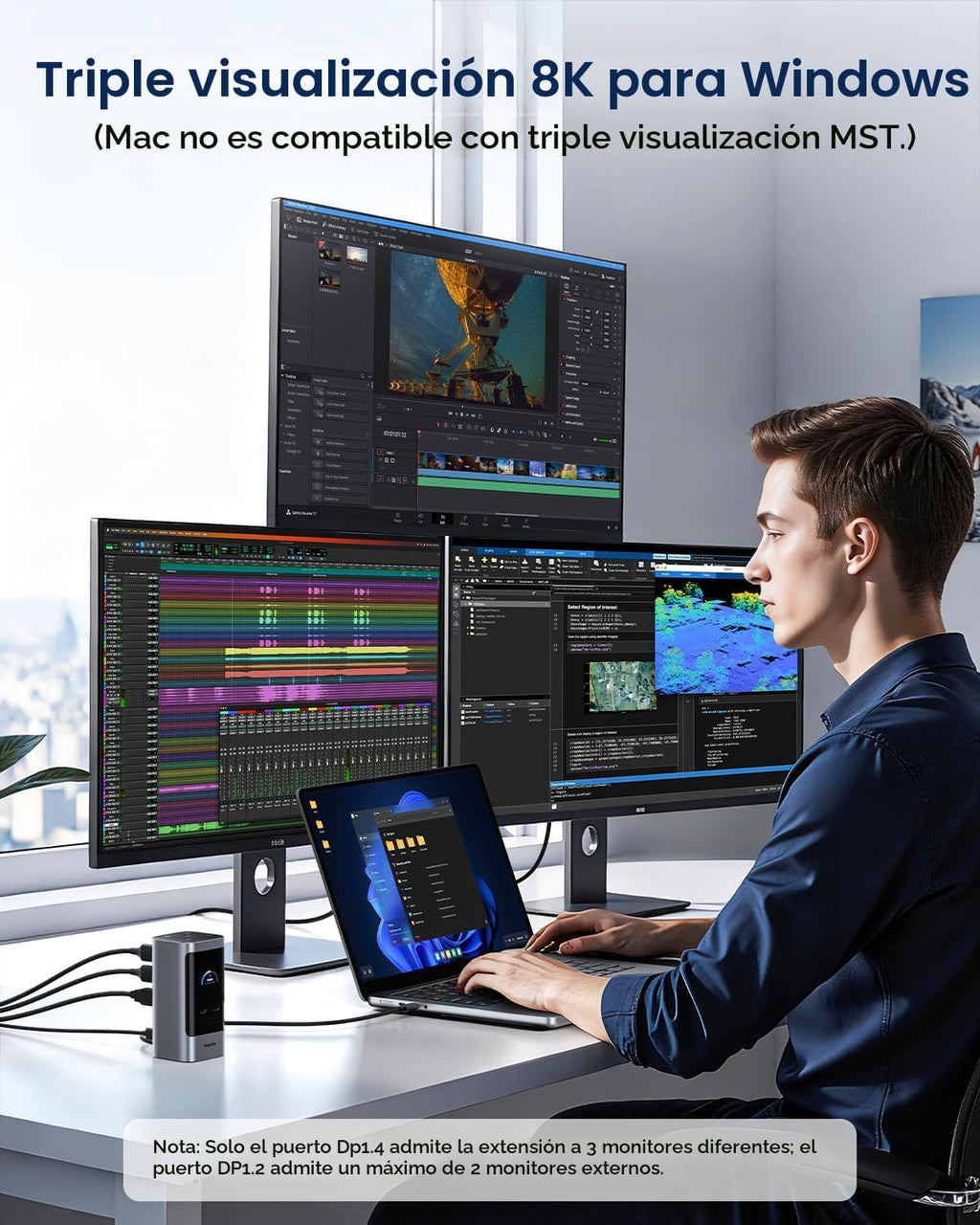 RayCue Estación de acoplamiento USB C, pantalla triple 15 en 1 con 5 botones de acceso directo, pantalla inteligente, DP y HDMI, 10G USB A/C, Gigabit Ethernet, 100 W PD, audio, estación de