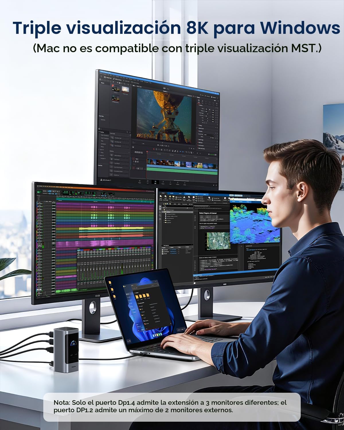 RayCue Estación de acoplamiento USB C, pantalla triple 15 en 1 con 5 botones de acceso directo, pantalla inteligente, DP y HDMI, 10G USB A/C, Gigabit Ethernet, 100 W PD, audio, estación de