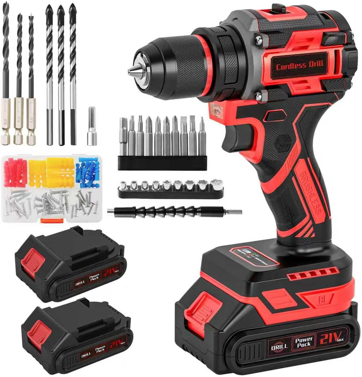 Taladro inalámbrico, taladro eléctrico sin escobillas de 21 V con doble paquete de potencia de 2.0 Ah y cargador, juego de taladros eléctricos, mandril de metal de 3/8 pulgadas, par de torsión 25+1, taladros compactos de 2 velocidades con 87 piezas para b