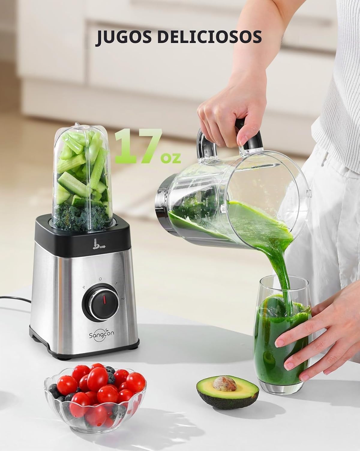 Sangcon Licuadoras y Combo de Procesador de Alimentos para Cocina, Licuadora de 5 en 1 para Batidos y Suave, Carne Picada, Molienda y más, Jarra de 40 oz y Taza de 17 oz con Tapa Para Llevar, Acero