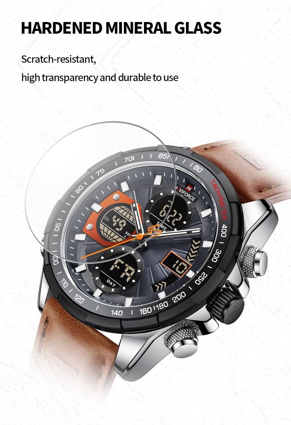 NAVIFORCE Relojes militares digitales para hombre, reloj analógico de cuarzo, resistente al agua, deportivo, multifuncional, correa de cuero, reloj de pulsera