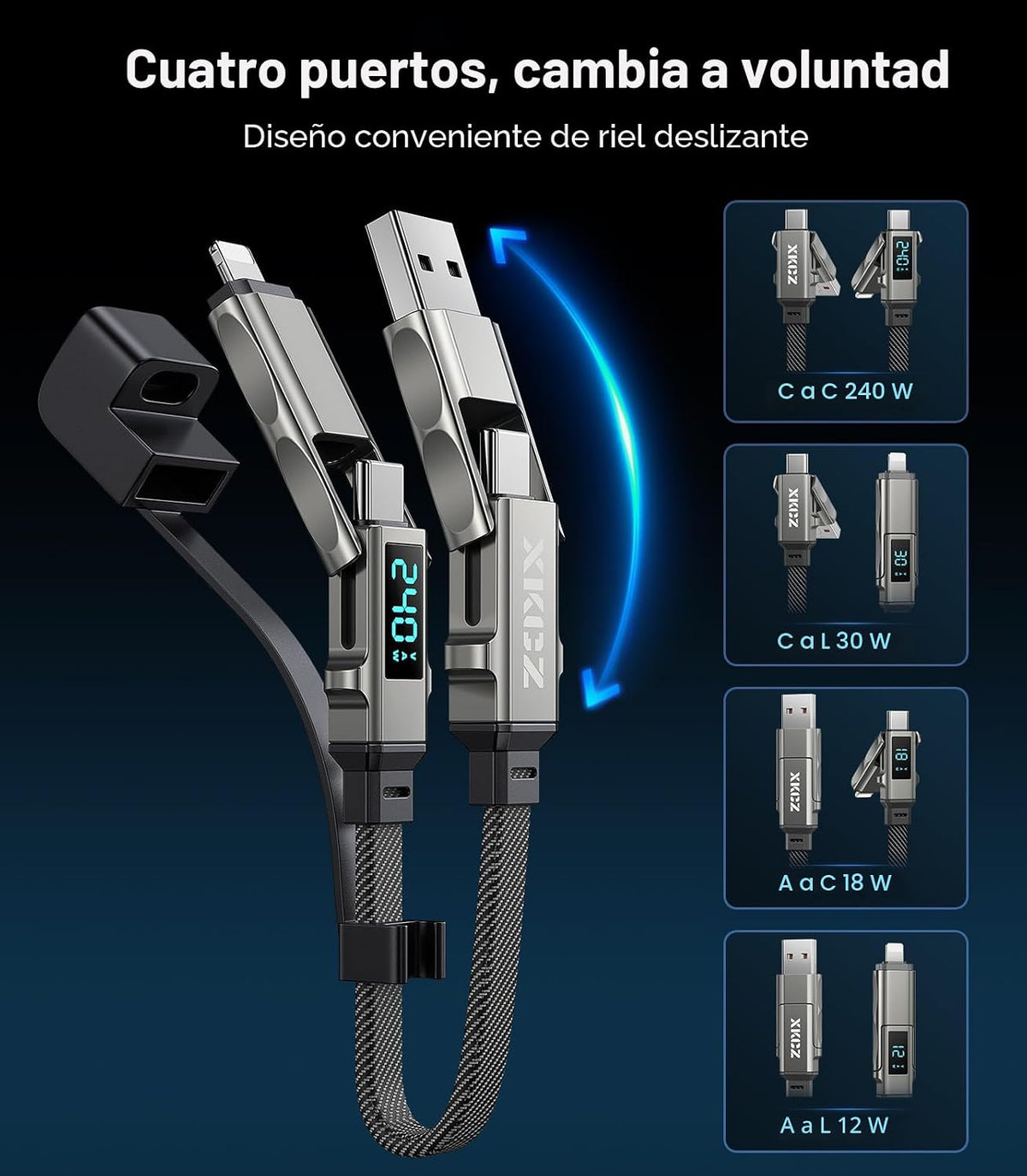XKCZ Cable USB C de llavero 4 en 1 con pantalla V/A/W, carga rápida de 240