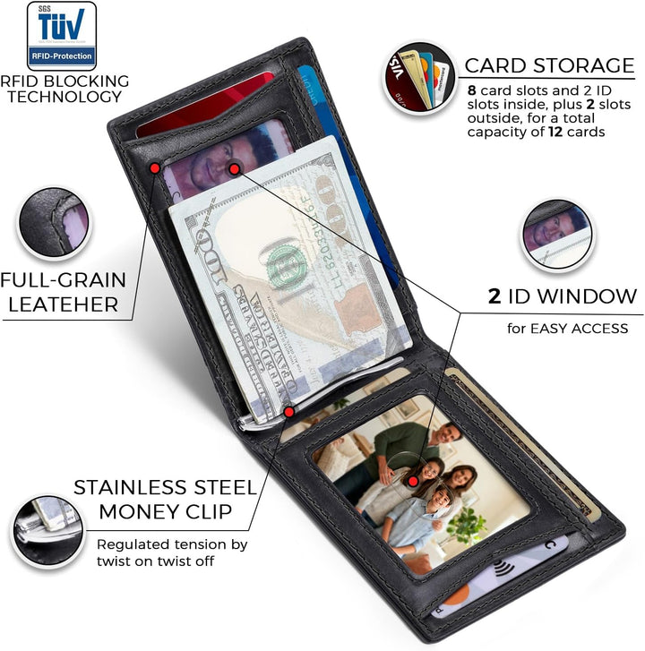 RUNBOX Billetera de cuero genuino para hombre, 12 tarjetas, clip pa...