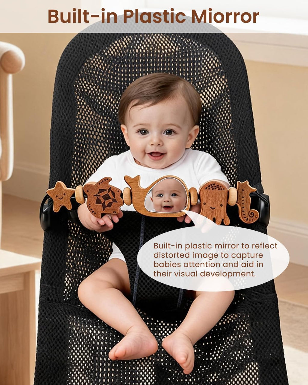 Baby Bouncer Toy Bar de madera con espejo, animales marinos