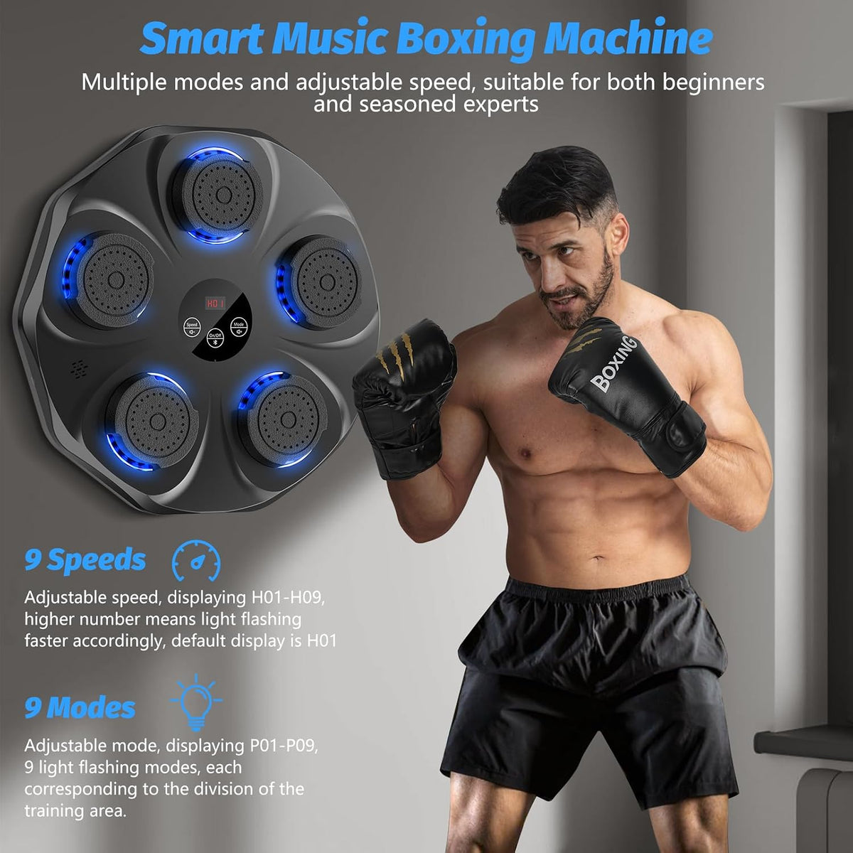 Máquina de boxeo de música, entrenador interactivo de boxeo con guantes de boxeo, blanco de boxeo electrónico de gran tamaño montado en la pared para adultos y niños, 9 modos y 9 velocidades
