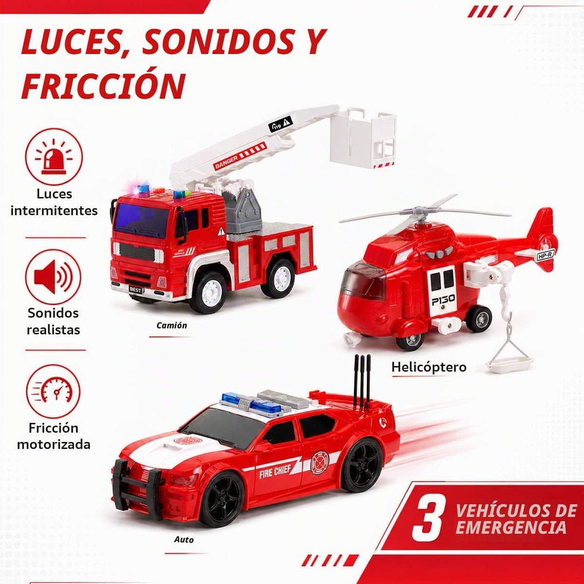 CocoPuff - Juego de juguetes de rescate de incendios 1:20, 3 vehículos de