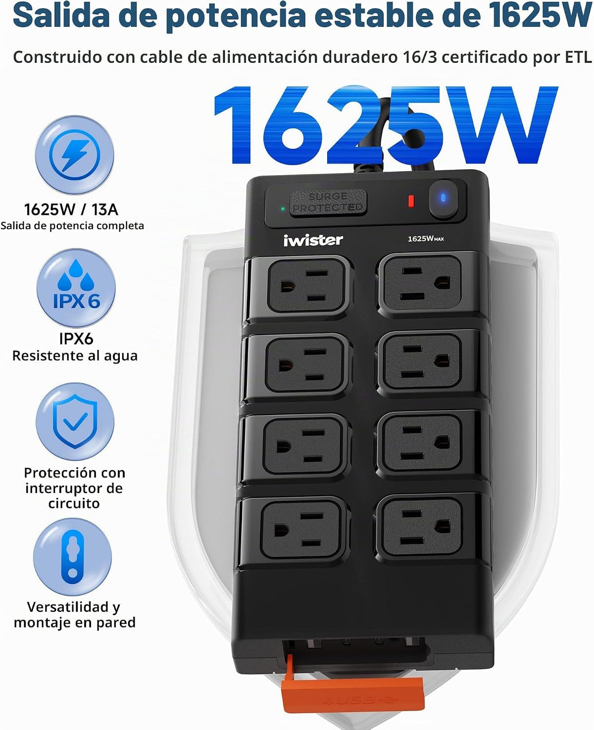 Regleta de alimentación al aire libre impermeable IPX6, extensor de salida