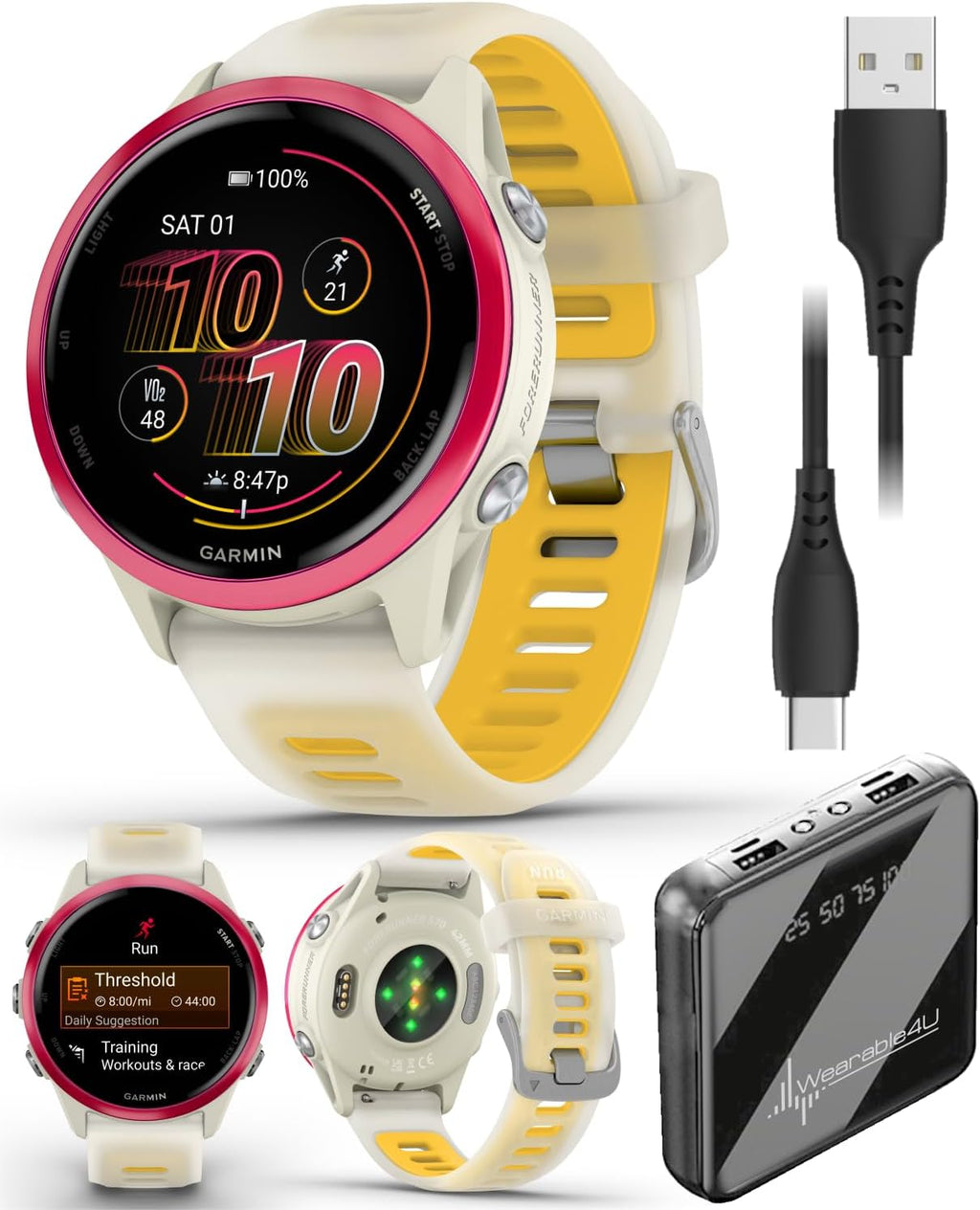 Garmin Forerunner 570 42mm Reloj inteligente avanzado GPS para correr y triatlón, pantalla AMOLED, funciones de entrenamiento y recuperación, aluminio frambuesa con banda translúcida hueso/mango con