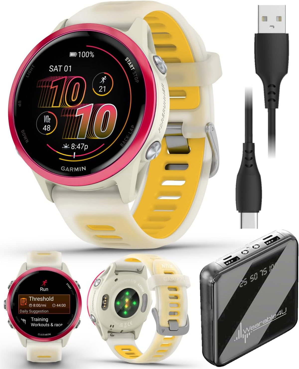Garmin Forerunner 570 42mm Reloj inteligente avanzado GPS para correr y triatlón, pantalla AMOLED, funciones de entrenamiento y recuperación, aluminio frambuesa con banda translúcida hueso/mango con