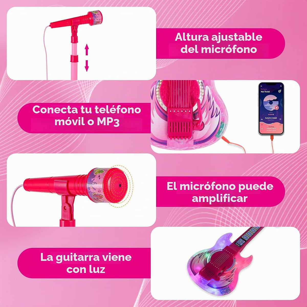 Juego de guitarra y micrófono para niñas, máquina de karaoke con música y luz, juguetes de micrófono con soporte, juguetes de guitarra de altura ajustable para niños, niños pequeños (rojo)