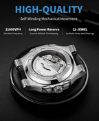 ROCOSJEWE Reloj de vestir azul de lujo clásico reloj mecánico automático de los hombres reloj de pulsera resistente al agua fecha visualización luminosa dial pulsera de acero inoxidable regalo para