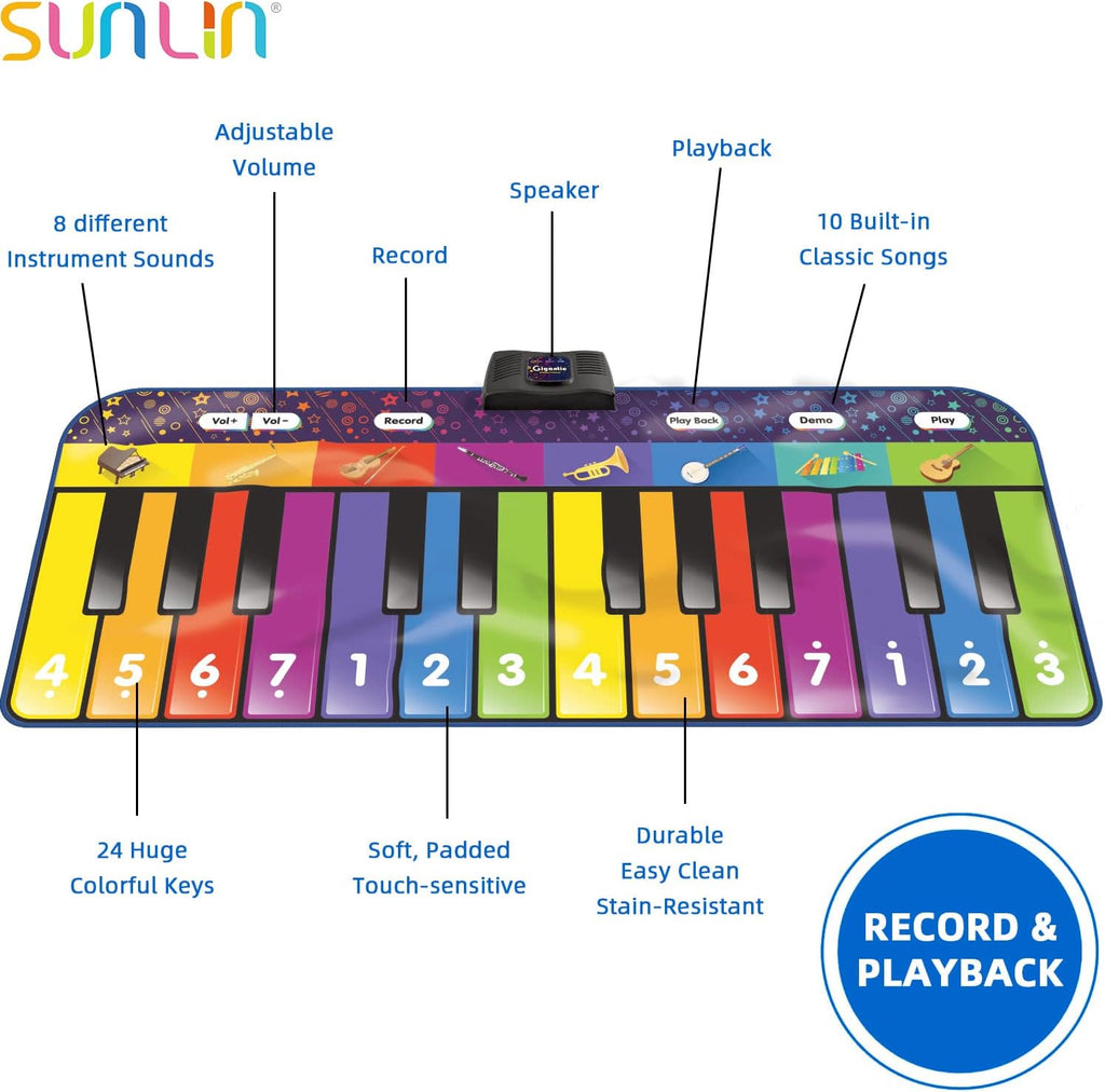 SUNLIN Alfombrilla de piano de suelo de 6 pies para niños y niños, tapete de piano gigante, 24 teclas, 10 canciones integradas, 8 sonidos de instrumentos, grabación y reproducción, folleto de