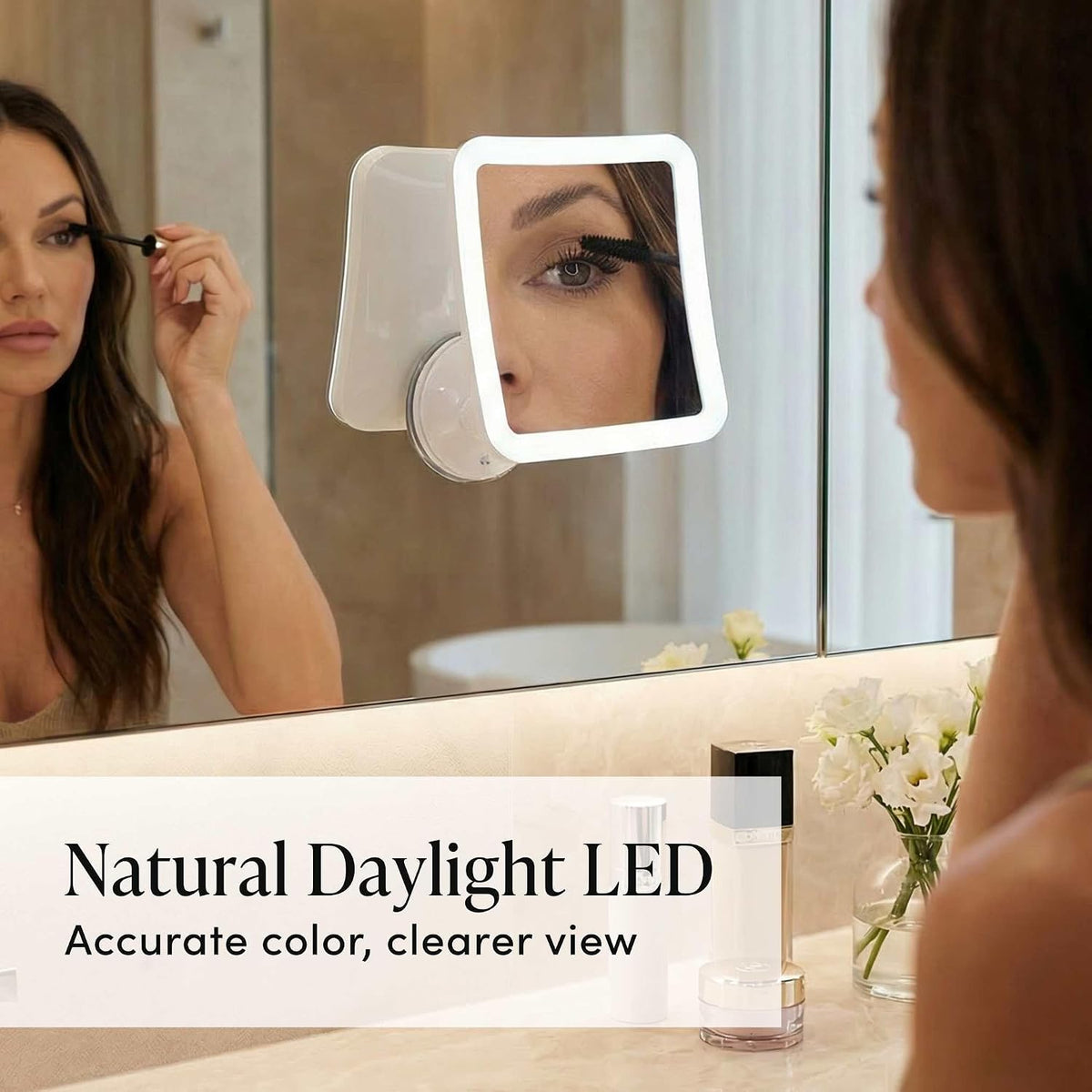Espejo de aumento Fancii 10 x para maquillaje, con luz LED, espejo cosmético de viaje, compacto, inalámbrico, succión de bloqueo, 6.5 pulgadas, rotación 360 grados, espejo baño iluminado portátil (cuadrado)