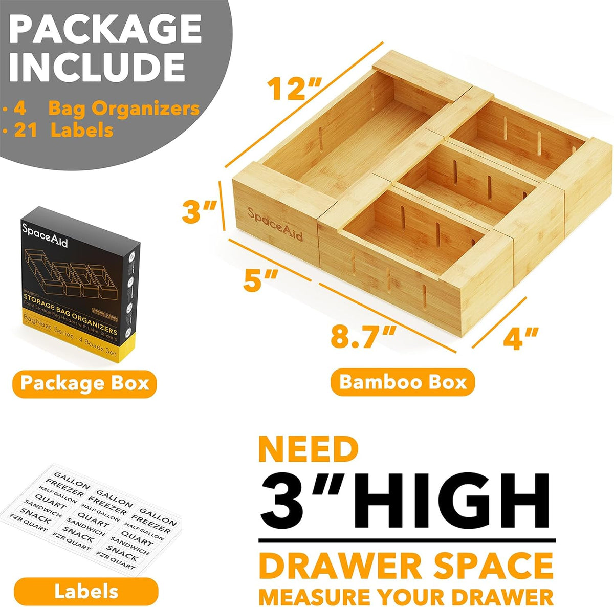SpaceAid Organizador de almacenamiento de bolsas para cajón de cocina, Organizador de bambú, Compatible con galón, cuarto de galón, sándwiches y aperitivos, para bolsas de distintos tamaños (4