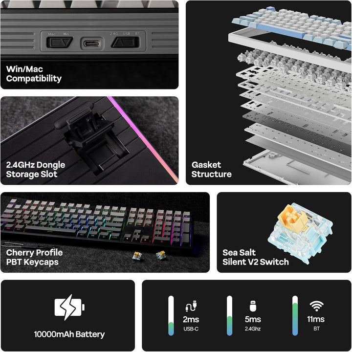 EPOMAKER TH108 Teclado mecánico de tamaño completo, teclado inalámb...