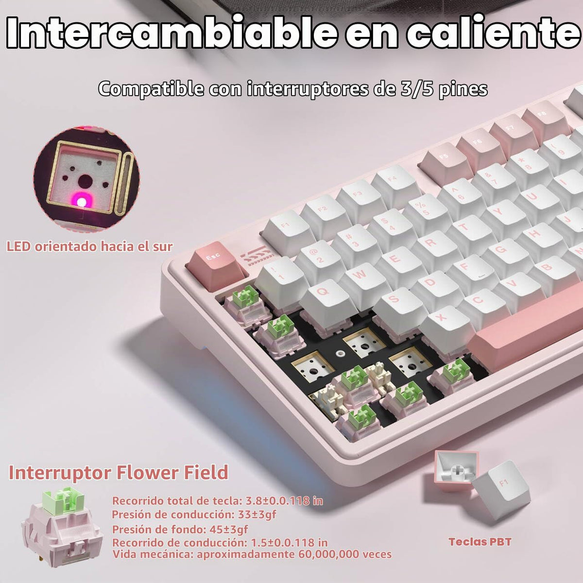 LINGBAO K108 Pro Teclado mecánico inalámbrico cremoso rosa con tecl...