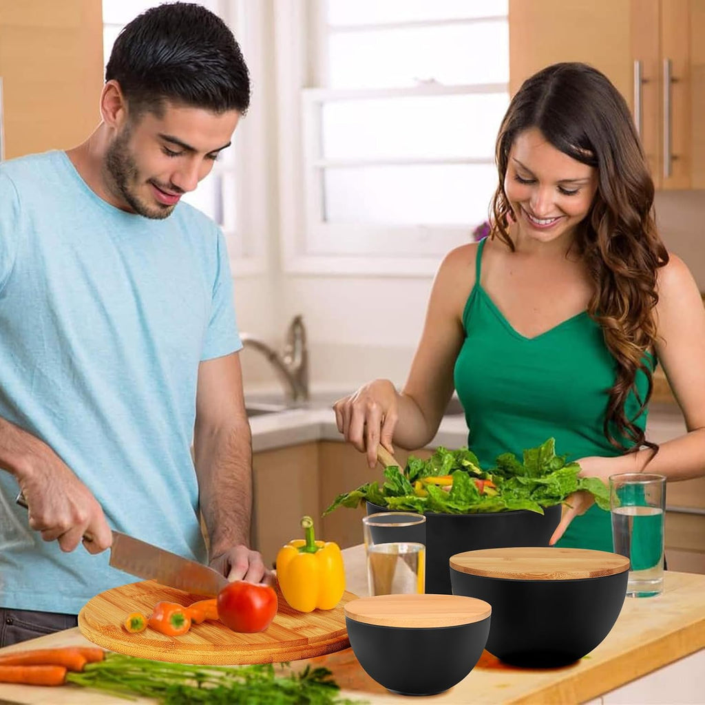 Juego de 3 cuencos de ensalada de fibra de bambú natural con tapas, tazón para preparar y servir ensalada, cereales, frutas, verduras, palomitas de maíz, papas fritas y pan (10, 8, 6 pulgadas)