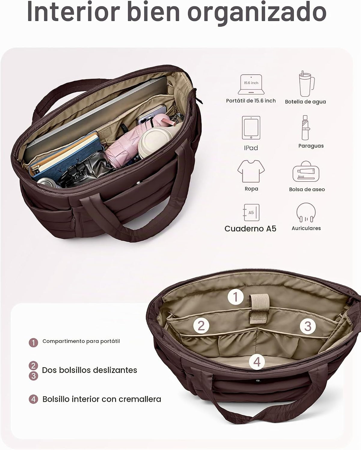 Bolso de mano para mujer con cierre, bolso acolchado tipo puffer con compartimentos, bolsos de trabajo ligeros y voluminosos para mujer de viaje