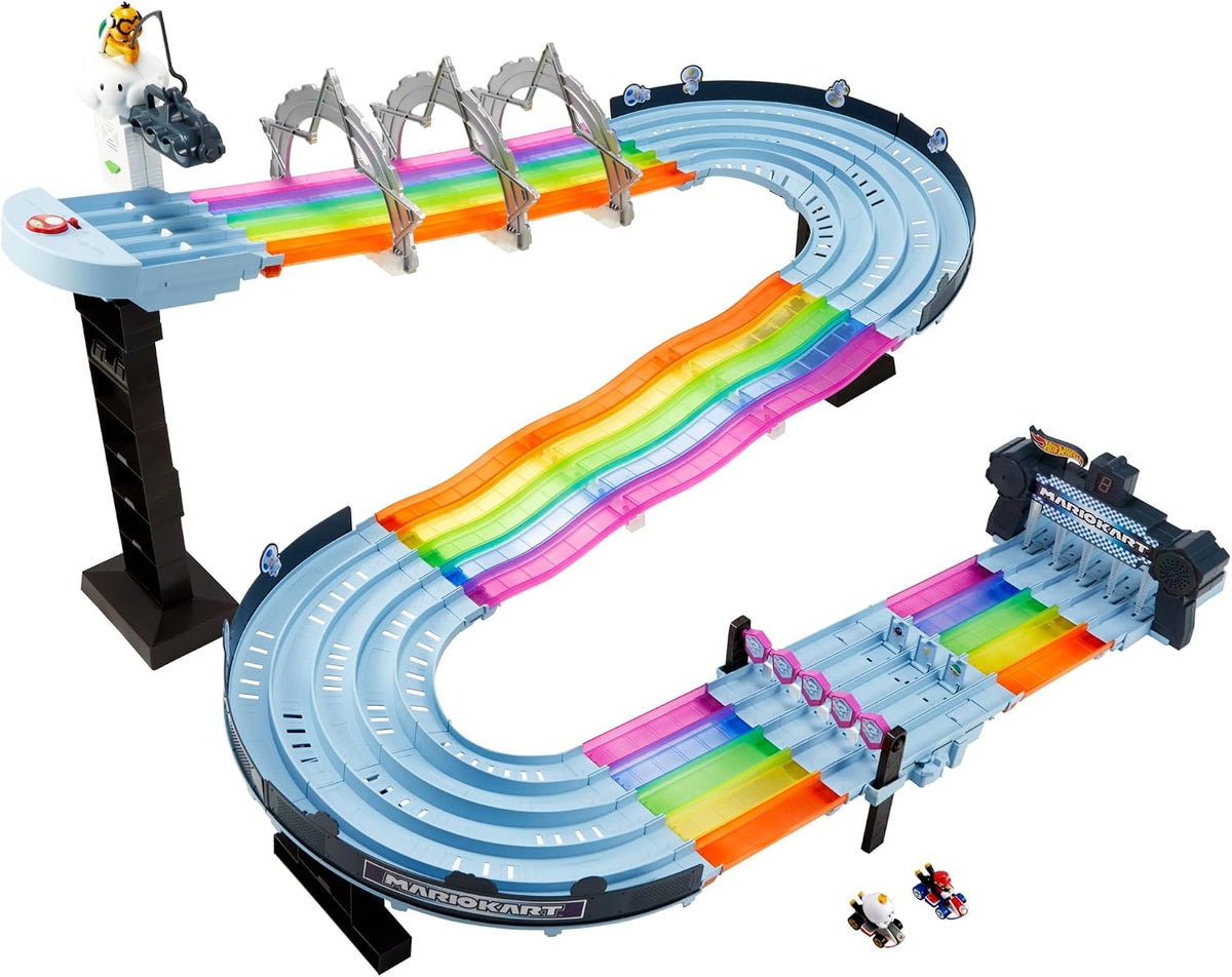 Juego de pista de carreras Hot Wheels Mario Kart Rainbow Road de 8 pies con luces y sonidos y 2 vehículos a escala 1:64, carrera con curso colorido de 5 pistas con 2 configuraciones