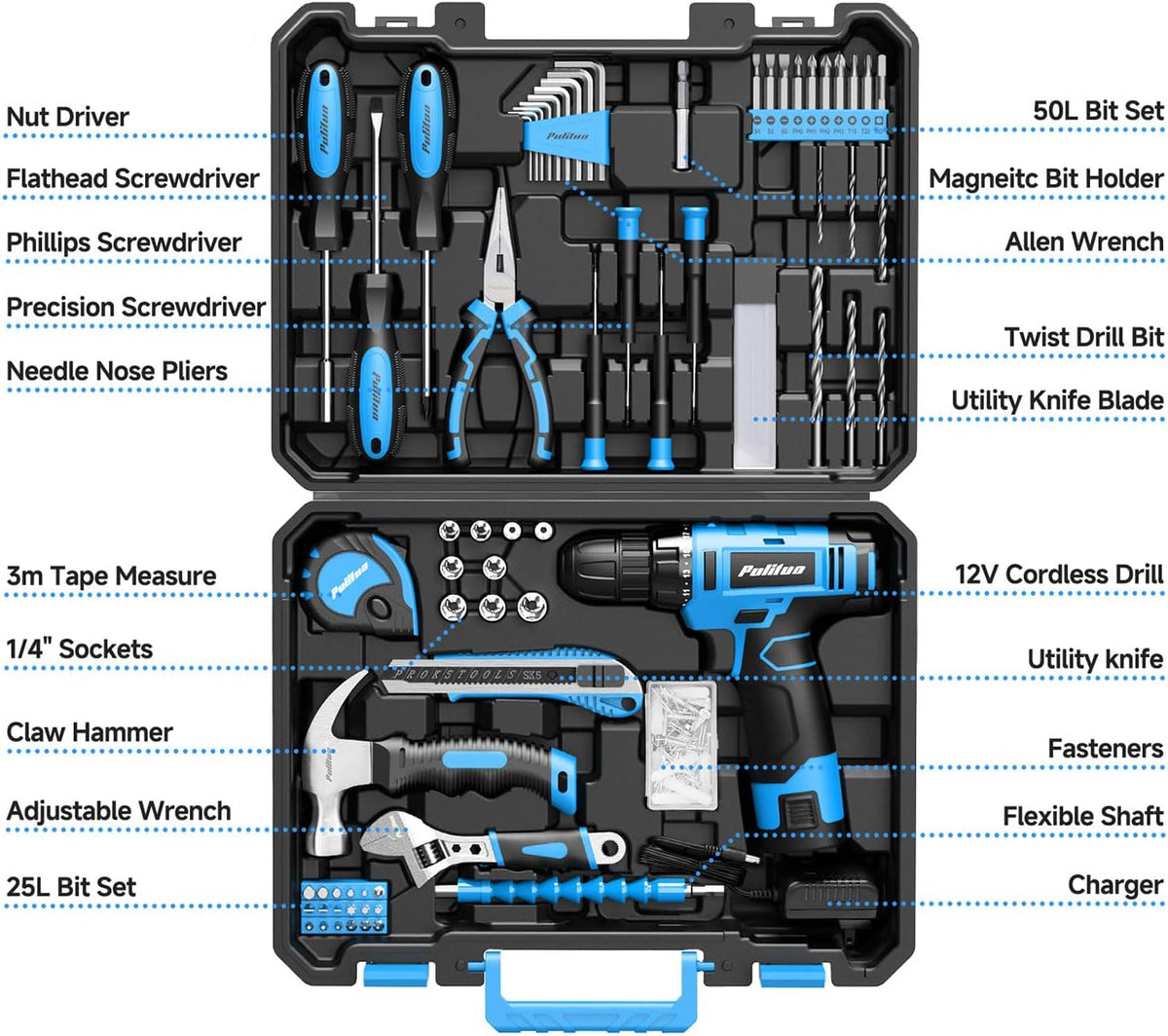 PULITUO Juego de herramientas, juego de 149 piezas de taladro inalámbrico azul de 12 V, caja de herramientas, kits de herramientas manuales para mujeres y hombres y entusiastas del bricolaje, para