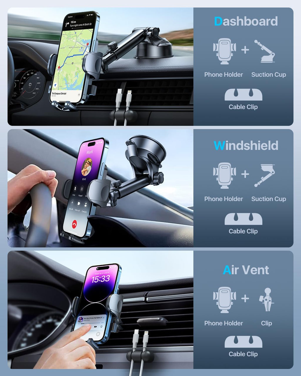 Soporte universal para teléfono celular para automóvil [potente ventosa] Soporte universal para teléfono de automóvil para salpicadero, parabrisas de ventilación, brazo largo, soporte para teléfono celular, funda gruesa, compatible con teléfonos pesados