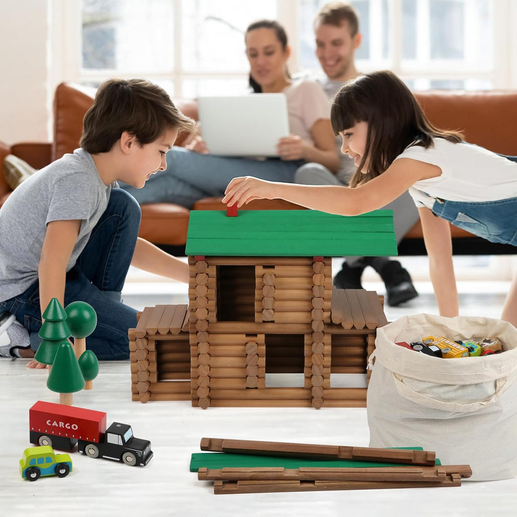 Wondertoys Juego de troncos de madera de villa grande, 456 piezas, troncos de madera real, troncos de construcción clásicos a partir de 3 años, el mejor juego de regalo de construcción retro, regalos educativos de ingeniería de construcción creativa