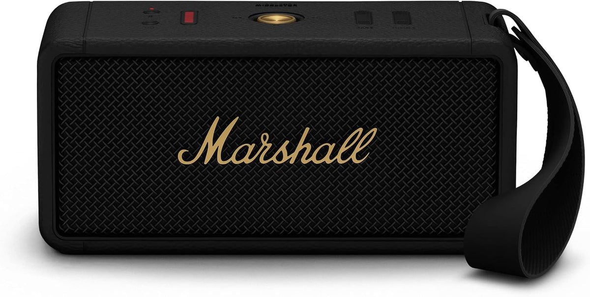 Marshall Middleton - Altavoz Bluetooth portátil, diseño resistente al agua y al polvo, sonido estéreo fuerte, graves profundos, compacto e inalámbrico para viajes y exteriores, negro y latón