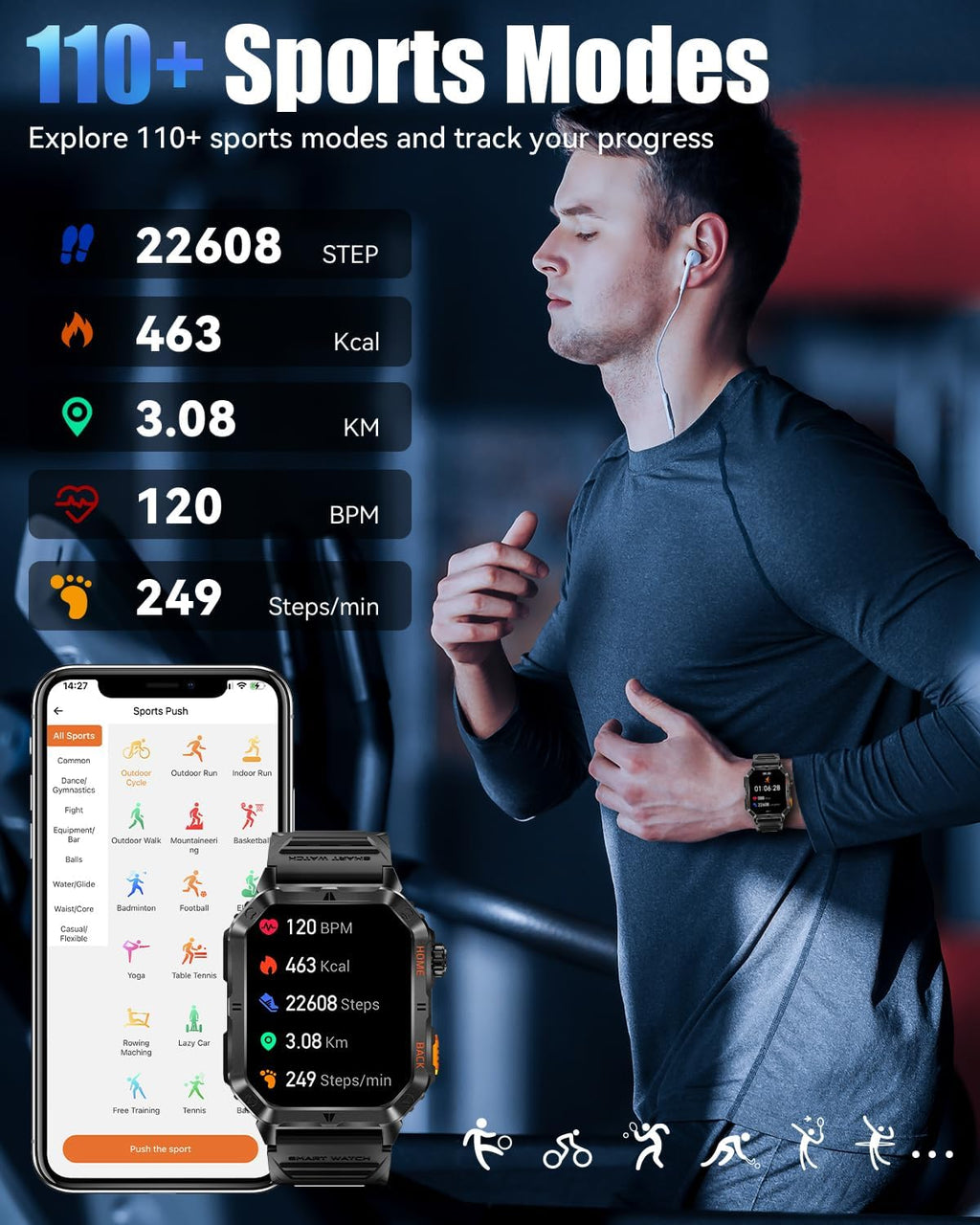 Military Smarty Watch para Hombres, Reloj Inteligente de 2.01" con Batería de 1200mAh, Linterna, Llamadas Entrantes/Salientes, Monitor de Ritmo Cardíaco/Sueño, 100+ Modos Deportivos, Fitness Tracker para Android/iPhone