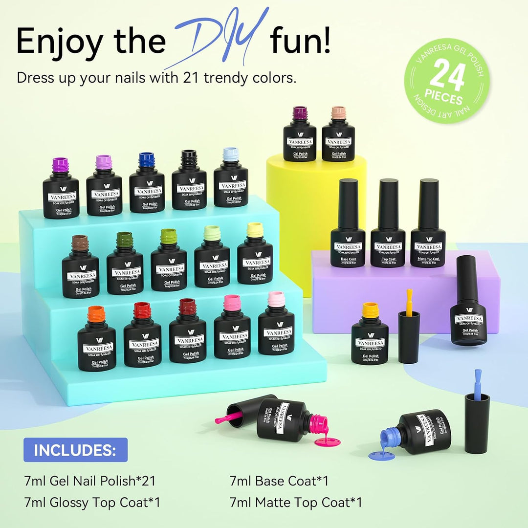 Vanreesa - Juego de 24 esmaltes de uñas de gel, 21 colores, kit de...