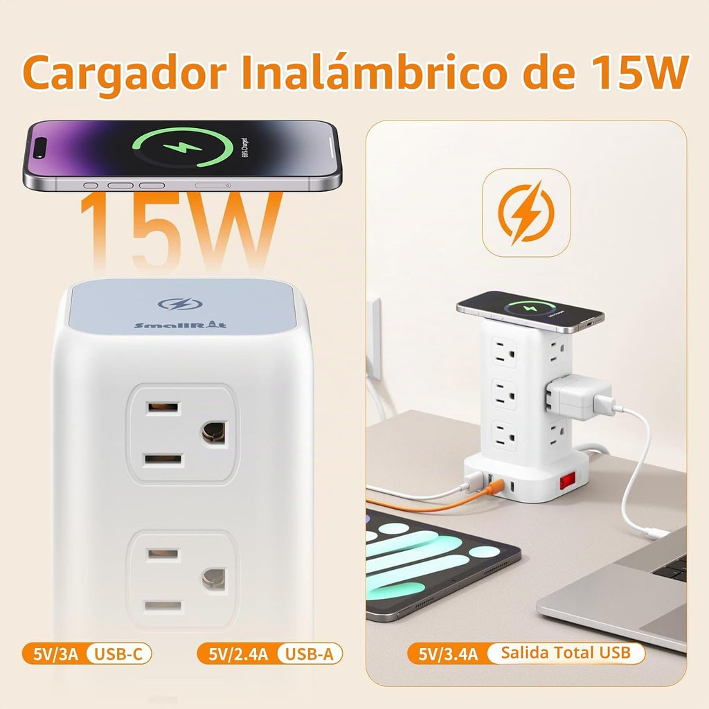 SMALLRT - Cable de extensión con múltiples tomas, torre de regleta de alimentación con protector de sobretensiones, extensor de salida de 10 pies con 12 salidas de CA, 4 USB, regleta de alimentación