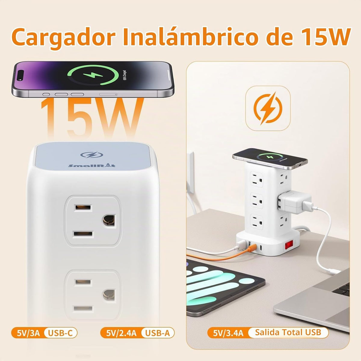 SMALLRT - Cable de extensión con múltiples tomas, torre de regleta de alimentación con protector de sobretensiones, extensor de salida de 10 pies con 12 salidas de CA, 4 USB, regleta de alimentación