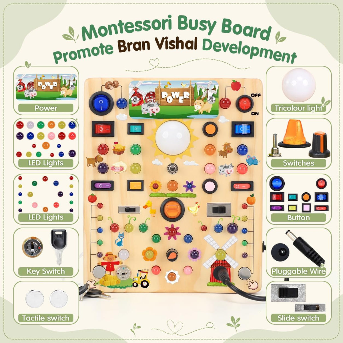 Tablero de actividades con interruptores de luz LED, juguetes Montessori para niños de 1, 2, 3 años, tablero de actividades sensoriales de madera para niños pequeños, juguetes de viaje para niños y